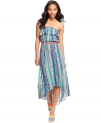 With a strapless design to keep you cool, an asymmetrical hem to keep you chic and a rainbow of stripes to keep you colorful, this dress has everything you need for a season of sun! With a strapless design to keep you cool, an asymmetrical hem to keep you chic and a rainbow of stripes to keep you colorful, this dress has everything you need for a season of sun!