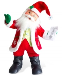Santa is full of good humor as he checks the last few children off his list. A few flurries add to his traditionally festive attire, designed by Annalee. Position him on your mantel or beside the tree. Santa is full of good humor as he checks the last few children off his list. A few flurries add to his traditionally festive attire, designed by Annalee. Position him on your mantel or beside the tree.