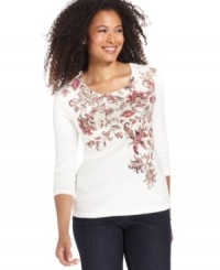 Karen Scott's petite floral print tee offers comfort and style! Pair with your favorite jeans for a complete look. Karen Scott's petite floral print tee offers comfort and style! Pair with your favorite jeans for a complete look.