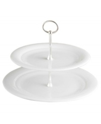 Set yourself up for a beautiful table presentation with this lovely tiered server. Featuring three tiers for that picture-perfect dessert or appetizer display. Measures 9 height x 11 diameter. Set yourself up for a beautiful table presentation with this lovely tiered server. Featuring three tiers for that picture-perfect dessert or appetizer display. Measures 9 height x 11 diameter.