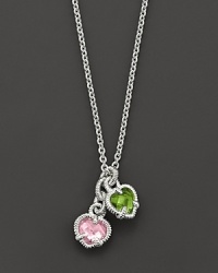 Chain necklace with twin heart charms in pink and peridot crystal. Designed by Judith Ripka. Chain necklace with twin heart charms in pink and peridot crystal. Designed by Judith Ripka.