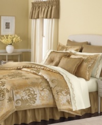 Escape into an enchanting oasis every night with Martha Stewart Collection's Florentine Swirl room in a bag. Bold flourishes embellish a metallic background, while intricate vine embroidery gives coordinating sheeting a hand-crafted look. Fringe accents, rope trim and more artisan details finish the look with elegance and grandeur. Escape into an enchanting oasis every night with Martha Stewart Collection's Florentine Swirl room in a bag. Bold flourishes embellish a metallic background, while intricate vine embroidery gives coordinating sheeting a hand-crafted look. Fringe accents, rope trim and more artisan details finish the look with elegance and grandeur.