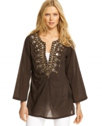 Rich embellishments add an exotic, opulent appeal to this petite MICHAEL Michael Kors tunic for a look that's a statement in itself! Rich embellishments add an exotic, opulent appeal to this petite MICHAEL Michael Kors tunic for a look that's a statement in itself!