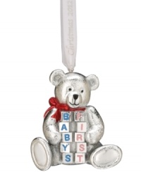 Make your child's first Christmas a day he or she will never forget with the silver-plated teddy bear ornament from Reed & Barton. With pretty colored accents and a dated white ribbon. Make your child's first Christmas a day he or she will never forget with the silver-plated teddy bear ornament from Reed & Barton. With pretty colored accents and a dated white ribbon.