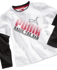 Take it to the next level with this faux-layered graphic shirt from Puma. Take it to the next level with this faux-layered graphic shirt from Puma.