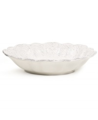 Embossed blooms and a delicate scalloped edge with distressed detail give the Blanc soup bowl the classic, romantic feel of Versailles Maison's dinnerware collection. Embossed blooms and a delicate scalloped edge with distressed detail give the Blanc soup bowl the classic, romantic feel of Versailles Maison's dinnerware collection.