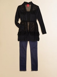 A hip, texture-rich style, shaped with ribbed sleeves, sheer mesh panels and chic fringe.Open frontLong sleevesMesh panels at shoulders and waistFringe detailsBody and sleeves: 96% rayon/4% spandexMesh: rayonMachine washImported A hip, texture-rich style, shaped with ribbed sleeves, sheer mesh panels and chic fringe.Open frontLong sleevesMesh panels at shoulders and waistFringe detailsBody and sleeves: 96% rayon/4% spandexMesh: rayonMachine washImported