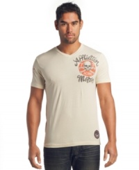 Road warrior. This v-neck t-shirt from Affliction adds some chrome to your jean polish. Road warrior. This v-neck t-shirt from Affliction adds some chrome to your jean polish.