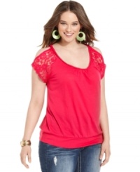 Embrace one of the season's hottest trends with Extra Touch's cold-shoulder plus size top, featuring lace sleeves. Embrace one of the season's hottest trends with Extra Touch's cold-shoulder plus size top, featuring lace sleeves.