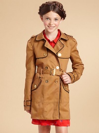 A structural trench in smooth cotton twill, finished with contrast piping and goldtone buttons.Notched collarDouble-breasted button front with hook-and-eye closureTab epaulettesLong sleeves with belted cuffsRemovable waist beltFront flap welt pocketsRain flap with buttonFully linedCottonDry cleanImported Please note: Number of buttons may vary depending on size ordered. A structural trench in smooth cotton twill, finished with contrast piping and goldtone buttons.Notched collarDouble-breasted button front with hook-and-eye closureTab epaulettesLong sleeves with belted cuffsRemovable waist beltFront flap welt pocketsRain flap with buttonFully linedCottonDry cleanImported Please note: Number of buttons may vary depending on size ordered.