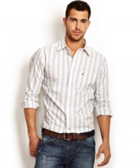 Class-up your casual look with this tonal stripe woven shirt from Nautica. Class-up your casual look with this tonal stripe woven shirt from Nautica.