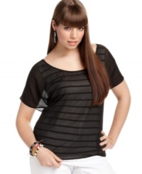 Sheer overly lends a sexy feel to Soprano's striped plus size top-- spice up your line-up for the season! Sheer overly lends a sexy feel to Soprano's striped plus size top-- spice up your line-up for the season!