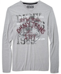 DKNY Jeans layers vintage-look graphics on a V-neck T-shirt you'll wear time and time again DKNY Jeans layers vintage-look graphics on a V-neck T-shirt you'll wear time and time again