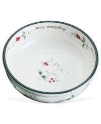 A festive companion to the holiday table, this sentimental Winterberry candy bowl from Pfaltzgraff is adorned with a classic holly pattern, green banding and the words, Merry Everything. A festive companion to the holiday table, this sentimental Winterberry candy bowl from Pfaltzgraff is adorned with a classic holly pattern, green banding and the words, Merry Everything.