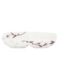 Blur the line between garden style and modern design with the Watercolors Amethyst collection of divided serving trays. Purple blossoms flourish against a playful dot pattern while the white coupe shape couples the sleek look and unparalleled durability of bone china. (Clearance) Blur the line between garden style and modern design with the Watercolors Amethyst collection of divided serving trays. Purple blossoms flourish against a playful dot pattern while the white coupe shape couples the sleek look and unparalleled durability of bone china. (Clearance)
