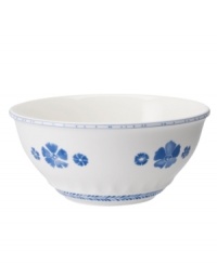 Vintage charm meets modern durability in the Farmhouse Touch vegetable bowl, featuring cornflower-blue laurels and blooms in delicately embossed porcelain from Villeroy & Boch. Vintage charm meets modern durability in the Farmhouse Touch vegetable bowl, featuring cornflower-blue laurels and blooms in delicately embossed porcelain from Villeroy & Boch.
