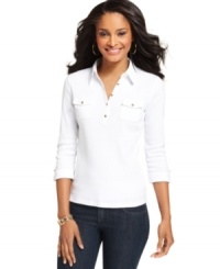 Karen Scott jazzes up a classic polo with ribbing and metallic accents -- a great petite basic for your wardrobe! Karen Scott jazzes up a classic polo with ribbing and metallic accents -- a great petite basic for your wardrobe!