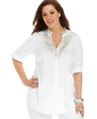 Shine brightly from day to play with Alfani's roll-tab sleeve plus size top, finished by a studded front. Shine brightly from day to play with Alfani's roll-tab sleeve plus size top, finished by a studded front.