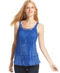 Ombre fading and a crochet-lace overlay keep this tank looking cool. Keep the boho vibe going by pairing it with bold hoops or beaded jewelry.