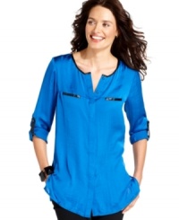 NY Collection's petite shirt features a luxe satiny fabric and fashion-forward pleather details -- a must-have piece! (Clearance) NY Collection's petite shirt features a luxe satiny fabric and fashion-forward pleather details -- a must-have piece! (Clearance)