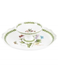 Lifelike blooms and Portmeirion's triple-leaf border grace this daintily scalloped chip and dip, a must-have for the Botanic Garden dinnerware collector. With sweet peas on platter and dog rose in the dip bowl.