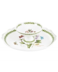 Lifelike blooms and Portmeirion's triple-leaf border grace this daintily scalloped chip and dip, a must-have for the Botanic Garden dinnerware collector. With sweet peas on platter and dog rose in the dip bowl. Lifelike blooms and Portmeirion's triple-leaf border grace this daintily scalloped chip and dip, a must-have for the Botanic Garden dinnerware collector. With sweet peas on platter and dog rose in the dip bowl.