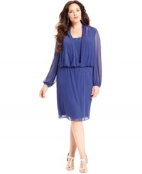 The sheer blouson-style bodice of this plus-size Alex Evenings dress is split to reveal a shot of shimmer from the sequined neckline. The sheer blouson-style bodice of this plus-size Alex Evenings dress is split to reveal a shot of shimmer from the sequined neckline.