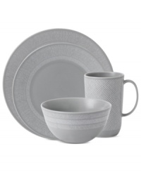 Effortlessly chic, the Simplicity place setting by Vera Wang Wedgwood combines three linear patterns in casual porcelain. A neutral cream and gray palette adorns modern silhouettes to enhance any setting. Effortlessly chic, the Simplicity place setting by Vera Wang Wedgwood combines three linear patterns in casual porcelain. A neutral cream and gray palette adorns modern silhouettes to enhance any setting.