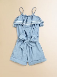 A nautical-inspired, lightweight denim romper features a pretty ruffled neckline, a belted sash at the waist and a cuffed hem.Straight elasticized neckline with ruffled trimSpaghetti strapsPull-on styleSmocked waistFront inseam pocketsBack welt pocketsCuffed hemCottonMachine washImported