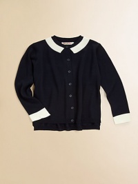 Contrasting trim and mock Peter Pan collar make this crisp wool cardigan fitting for a flawless preppy look.Ribbed knit trimButton closureVirgin woolHand washMade in Italy of imported fabric Contrasting trim and mock Peter Pan collar make this crisp wool cardigan fitting for a flawless preppy look.Ribbed knit trimButton closureVirgin woolHand washMade in Italy of imported fabric