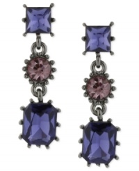 Bold and beautiful. Betsey Johnson's linear earrings are crafted from hematite-tone mixed metal with purple and pink glass crystal gems adding a vibrant touch. Approximate drop: 1-1/3 inches. Bold and beautiful. Betsey Johnson's linear earrings are crafted from hematite-tone mixed metal with purple and pink glass crystal gems adding a vibrant touch. Approximate drop: 1-1/3 inches.