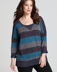 Subtle metallic threading puts a shine on a striped Splendid Plus top for a sporty-chic style with luxe appeal. Subtle metallic threading puts a shine on a striped Splendid Plus top for a sporty-chic style with luxe appeal.