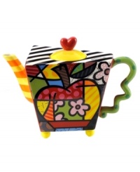 Pop art turned teapot. Shaped with the vivid colors and bold patterns of Brazilian artist Romero Britto, the Apple teapot serves it's purpose at the table and on display. Pop art turned teapot. Shaped with the vivid colors and bold patterns of Brazilian artist Romero Britto, the Apple teapot serves it's purpose at the table and on display.