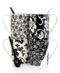 Elegance is easy with Geneva mugs. Assorted black and white florals with an antique feel revive modern tables in dishwasher-safe porcelain from Martha Stewart Collection. With coordinating spoons. Elegance is easy with Geneva mugs. Assorted black and white florals with an antique feel revive modern tables in dishwasher-safe porcelain from Martha Stewart Collection. With coordinating spoons.