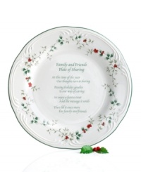 Equally beautiful for use or display, this Friends and Family plate from the Winterberry collection serves as a joyful reminder of the true spirit of the season. Raised, hand-painted holly leaves and bright red berries dance along the scalloped sides. From Pfaltzgraff's holiday collection of dinnerware and dishes. Equally beautiful for use or display, this Friends and Family plate from the Winterberry collection serves as a joyful reminder of the true spirit of the season. Raised, hand-painted holly leaves and bright red berries dance along the scalloped sides. From Pfaltzgraff's holiday collection of dinnerware and dishes.