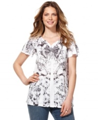 Style&co.'s petite top combines all your favorite elements, designed with a buttoned henley-style front placket, flutter sleeves, studding and a subliminated butterfly print! (Clearance) Style&co.'s petite top combines all your favorite elements, designed with a buttoned henley-style front placket, flutter sleeves, studding and a subliminated butterfly print! (Clearance)