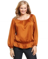 Land chic casual style with MICHAEL Michael Kors' long sleeve plus size peasant top, accentuated by a cinched waist. Land chic casual style with MICHAEL Michael Kors' long sleeve plus size peasant top, accentuated by a cinched waist.