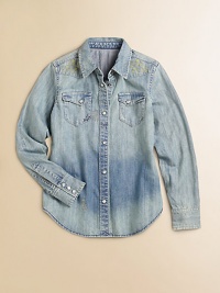 Playful hints of wear-and-tear and Western-inspired embroidery at the shoulders lend an authentic feel to a soft denim shirt.Pointed collarLong sleeves with pearlized snap barrel cuffsButton-frontSnap-flap patch pocketsShirttail hemCottonMachine washImported Please note: Number of buttons/snaps may vary depending on size ordered. Playful hints of wear-and-tear and Western-inspired embroidery at the shoulders lend an authentic feel to a soft denim shirt.Pointed collarLong sleeves with pearlized snap barrel cuffsButton-frontSnap-flap patch pocketsShirttail hemCottonMachine washImported Please note: Number of buttons/snaps may vary depending on size ordered.