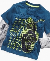 Rev up his stellar style with this faux-layered graphic shirt from Flapdoodles. Rev up his stellar style with this faux-layered graphic shirt from Flapdoodles.
