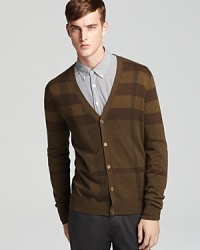 Burberry's oversized tonal check adorns this luxe wool blend cardigan. Burberry's oversized tonal check adorns this luxe wool blend cardigan.