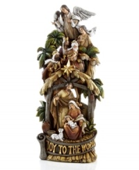 Mary, Joseph, the three magi, a shepherd, and an angel stand watch over the newborn in this nativity scene inscribed with the message Joy to the World. This hand-painted resin collectible by Napco is a beautiful reminder of why the holidays are so special. Mary, Joseph, the three magi, a shepherd, and an angel stand watch over the newborn in this nativity scene inscribed with the message Joy to the World. This hand-painted resin collectible by Napco is a beautiful reminder of why the holidays are so special.