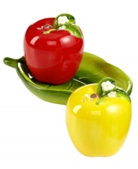 Take a bite out of Martha Stewart Collection's Apple collection with figural salt and pepper shakers. Bright red and golden peels evoke fall's juiciest fruit from every corner of your kitchen. With separate leaf dish. Take a bite out of Martha Stewart Collection's Apple collection with figural salt and pepper shakers. Bright red and golden peels evoke fall's juiciest fruit from every corner of your kitchen. With separate leaf dish.