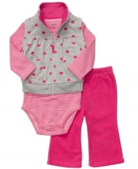 Her hearts desire. Give her just what she wants, comfort and cuteness, with this lovely 3-piece bodysuit, vest and pant set from Carter's. Her hearts desire. Give her just what she wants, comfort and cuteness, with this lovely 3-piece bodysuit, vest and pant set from Carter's.
