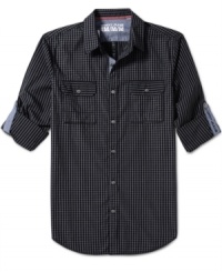 DKNY Jeans sews this mini-check sports shirt with straight-lined simplicity, then softens those edges just a bit by adding details like an inner placket and sleeve tabs made from a contrast fabric. DKNY Jeans sews this mini-check sports shirt with straight-lined simplicity, then softens those edges just a bit by adding details like an inner placket and sleeve tabs made from a contrast fabric.