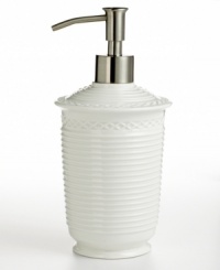 The Trousseau soap and lotion dispenser creates a sense of freshness and purity in your bathroom with an all-white, textured look. The Trousseau soap and lotion dispenser creates a sense of freshness and purity in your bathroom with an all-white, textured look.