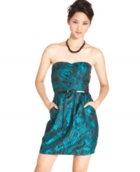 Flourished with pleats and washed in a pretty, painterly print, Trixxi's strapless cocktail dress is full of vibrant style. Flourished with pleats and washed in a pretty, painterly print, Trixxi's strapless cocktail dress is full of vibrant style.
