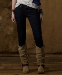 Tailored with an ultra-low rise in sleek dark blue stretch denim, these Denim & Supply Ralph Lauren skinny jeans exude sexy, modern style and a contemporary downtown vibe. Tailored with an ultra-low rise in sleek dark blue stretch denim, these Denim & Supply Ralph Lauren skinny jeans exude sexy, modern style and a contemporary downtown vibe.