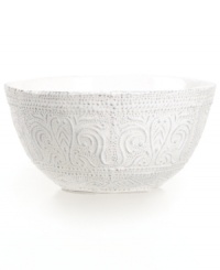 Get a feel for French style with the delicately embossed Blanc Colette cereal bowl from Versailles Maison. Romantic scrolling vines encircle rustic earthenware with a simple white glaze and irresistible charm. Get a feel for French style with the delicately embossed Blanc Colette cereal bowl from Versailles Maison. Romantic scrolling vines encircle rustic earthenware with a simple white glaze and irresistible charm.