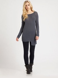 For the girl who appreciates versatility, this long, semi-sheer boatneck with long dolman sleeves and a modern uneven hem can also be worn backwards. BoatneckLong dolman sleevesPull-on styleRibbed, uneven hem57% rayon/43% cottonDry cleanImportedModel shown is 5'9½ (176cm) wearing US size 4. For the girl who appreciates versatility, this long, semi-sheer boatneck with long dolman sleeves and a modern uneven hem can also be worn backwards. BoatneckLong dolman sleevesPull-on styleRibbed, uneven hem57% rayon/43% cottonDry cleanImportedModel shown is 5'9½ (176cm) wearing US size 4.