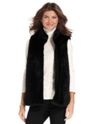 Get two chic looks in one great piece with this reversible faux-fur vest from Jones New York Signature. Get two chic looks in one great piece with this reversible faux-fur vest from Jones New York Signature.